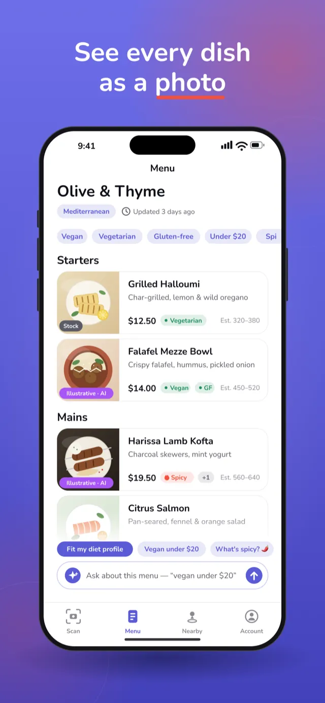 The EATit app showing a scanned menu for Olive & Thyme: each dish has a photo, price and diet tags such as Vegan and Gluten-free, with a bar to ask about the menu.